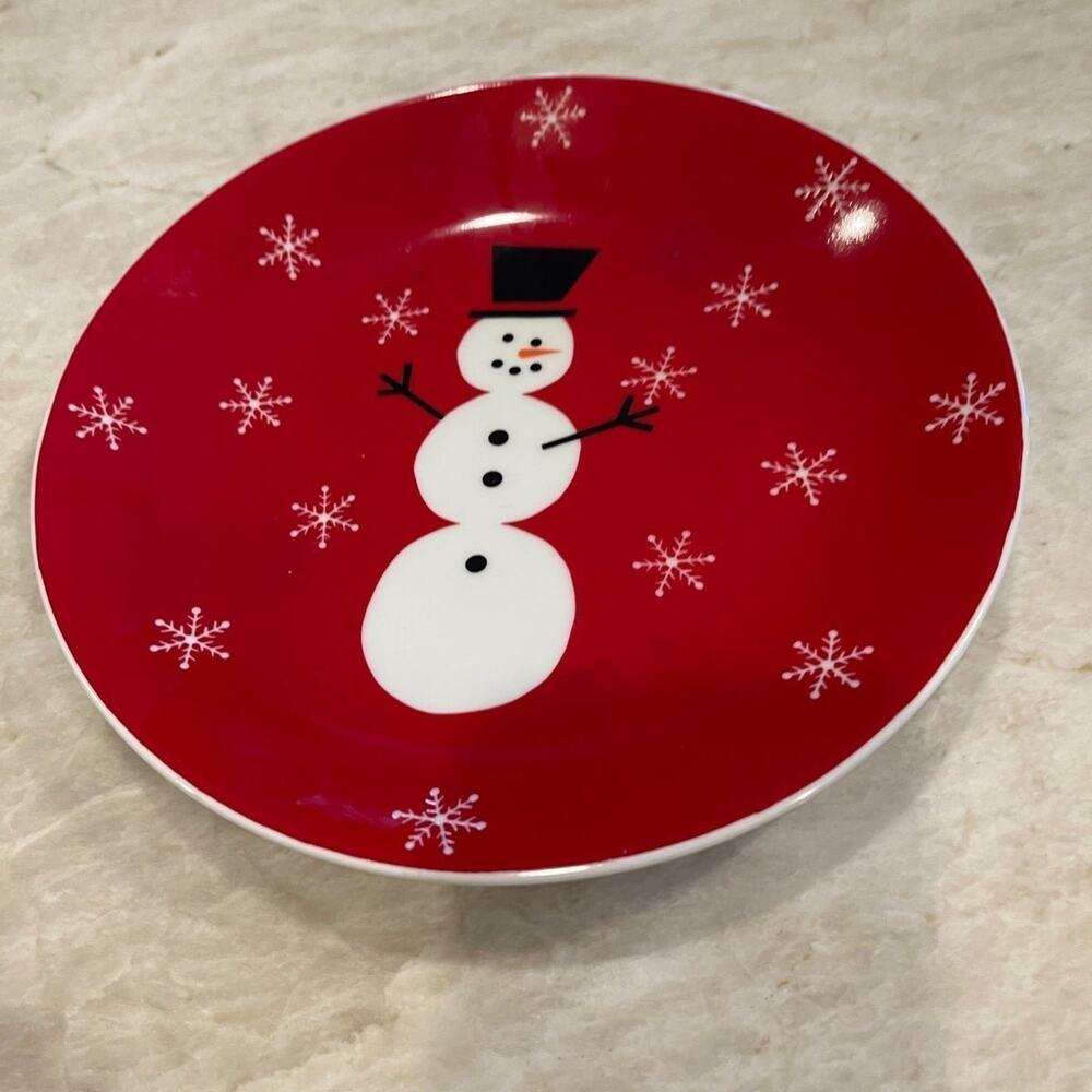 Crate & Barrel snowman plate Red 8-1/2” Christmas